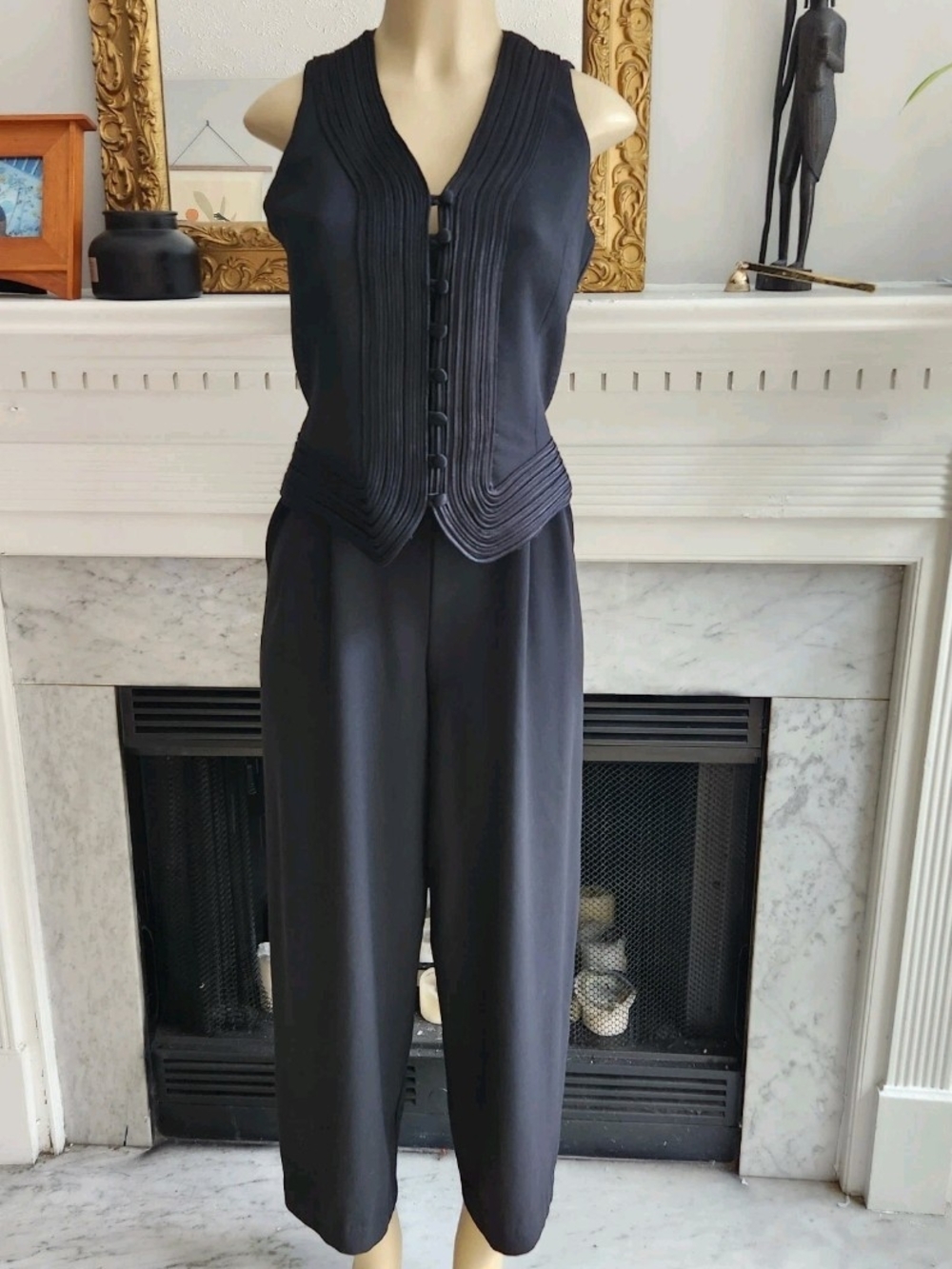 Vintage 90s Black Jumpsuit Laundry by Shelli Segal Vest Cropped Leg Size 6 - Picture 2 of 10